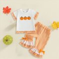 thumbnail image 2 of HCNTES Baby Girl Clothes Baby Toddler Girl Halloween Outfits 6 12 18 24 Month 2T 3T 4T Cute Pumpkin Embroidery Short Sleeve Round Neck Tops and Plaid Lace Flared Pants Clothes Set, 2 of 4