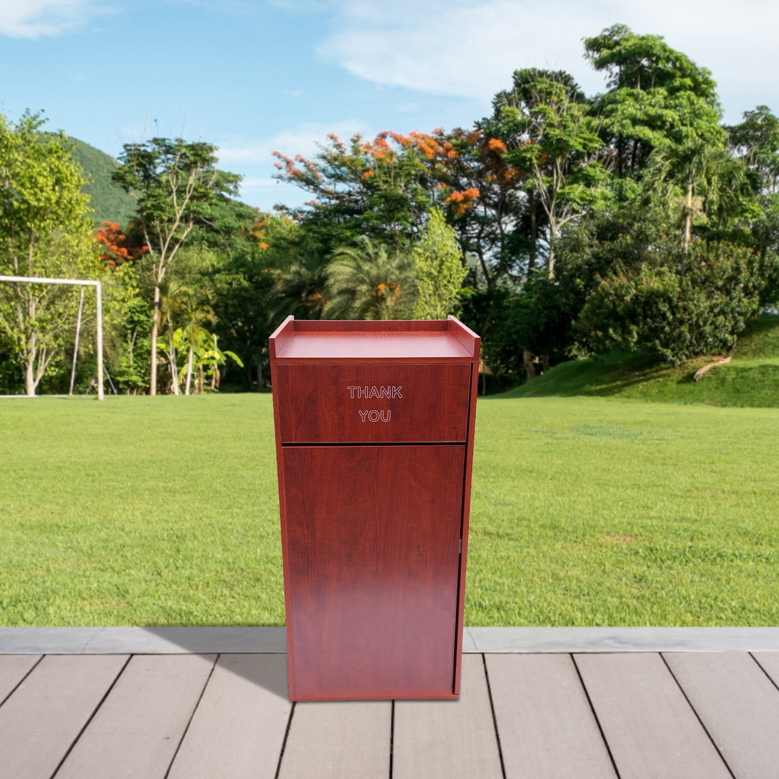 Wooden Trash Can with Tray Top, 30 Gallon Garbage Receptacle Cabinet, Commercial Grade Rubbish Bin for Office Cafeteria Restaurant (Brown)