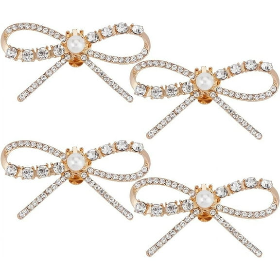 4Pcs Alloy Rhinestone Shoe Decoration with Plastic Pearl Detachable Shoe Buckle Clip Bowknot Light Gold 36x66.5x15mm