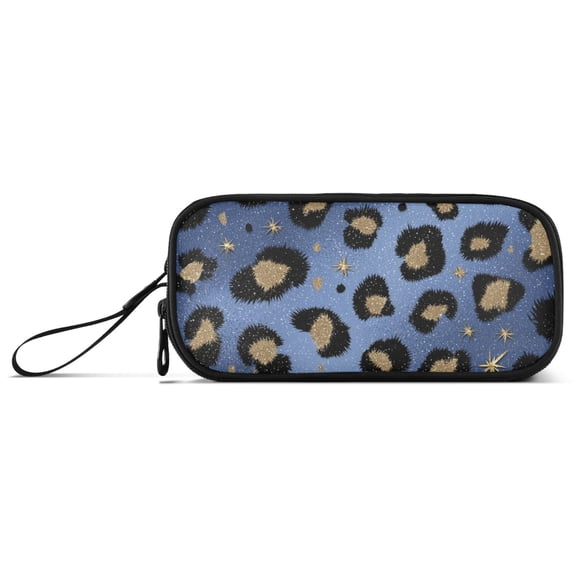 Blue Leopard Print with Gold Stars Pencil Case Stationary Holder Pen Bag Pencil Pouch Tool Organizer 3 Compartments