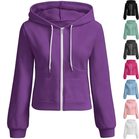 Womens Soft Fleece Long Sleeve Full Zip Hooded Sweatshirt Fitted Track Jacket Warm Activewear with Drawstring Pocket for Workout Running, Purple, XL