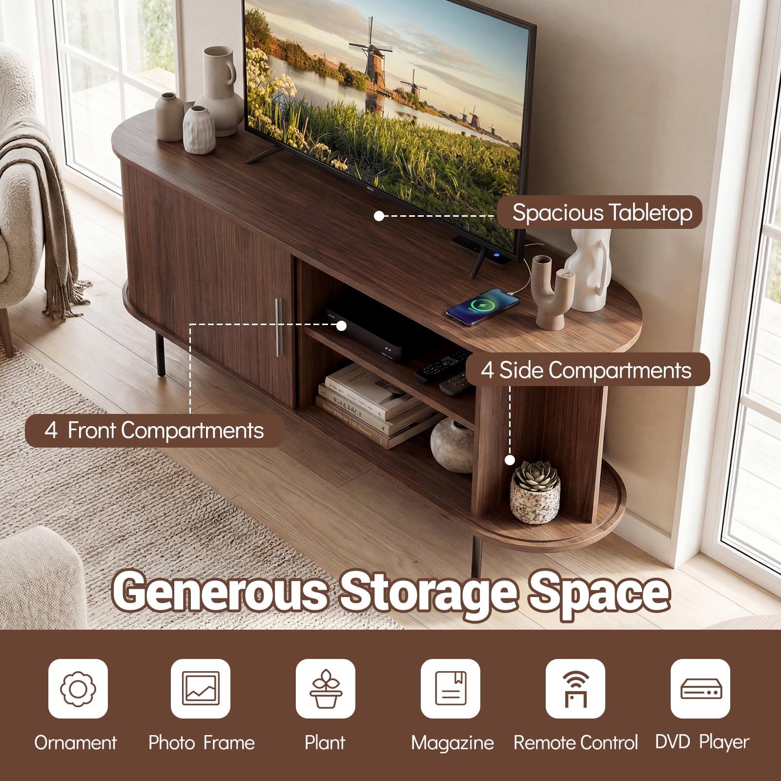 Costway Fluted TV Stand for TVs up to 60”, Mid Century Curved Entertainment Center Walnut
