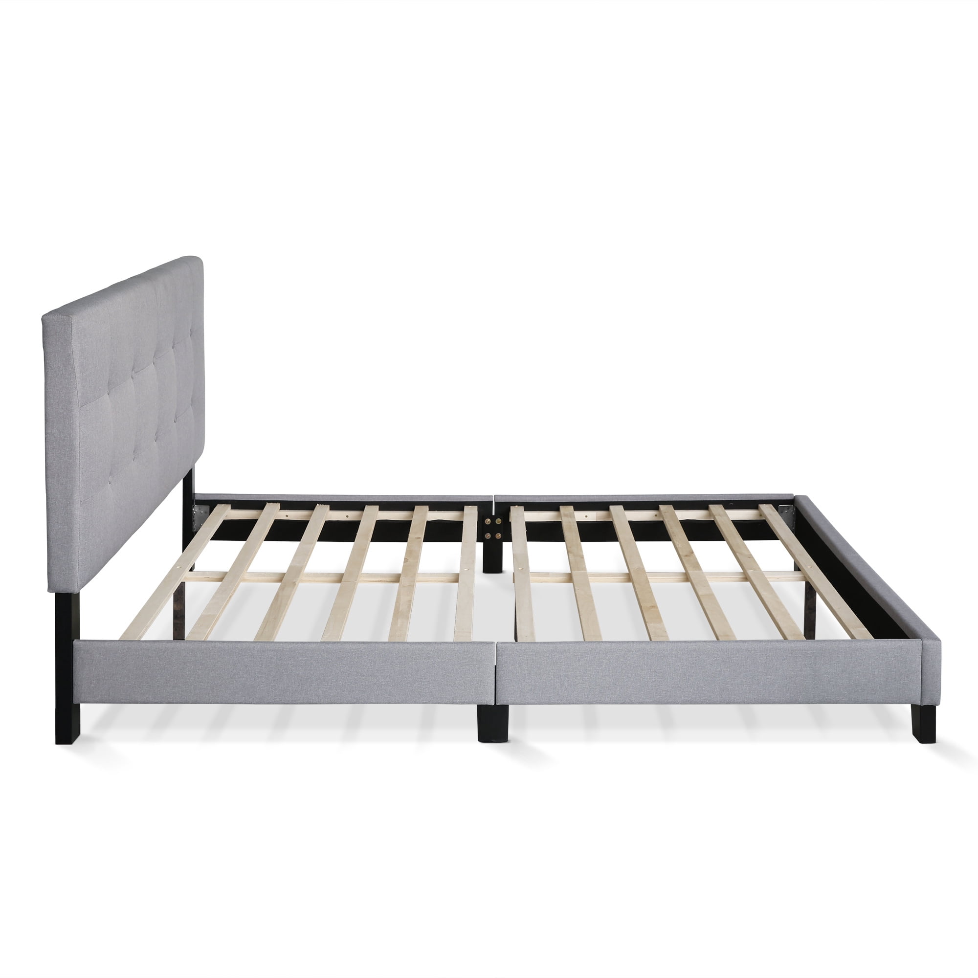 Furinno LAVAL Queen Upholstered Bed Frame with Button-Tufted Headboard and 12-Piece Wooden Slat Support, Light Grey