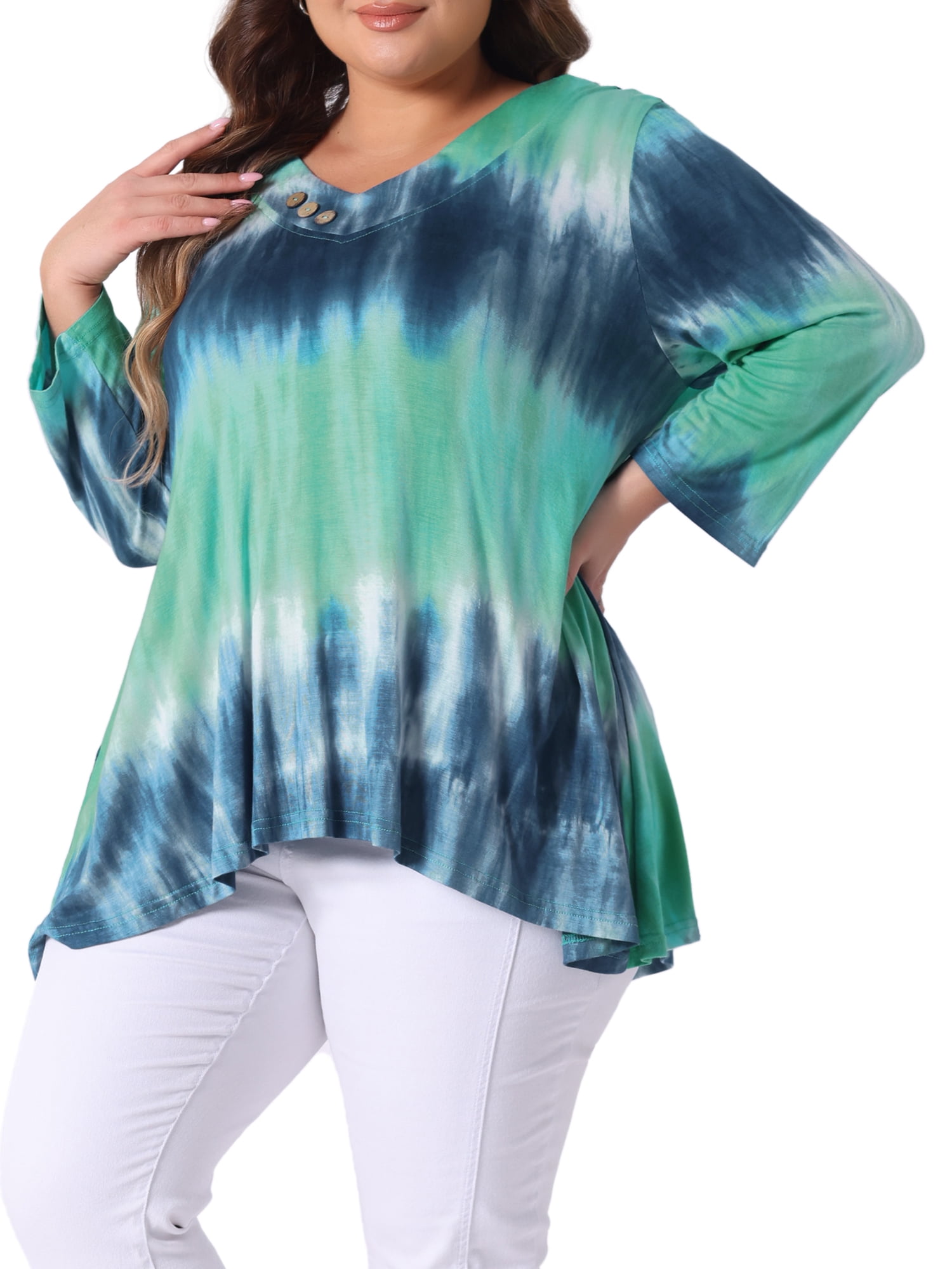 DARING DIVA Women's Plus Elbow Sleeve Blouse Tee Top Tie Dye T Shirts 4X Blue Green