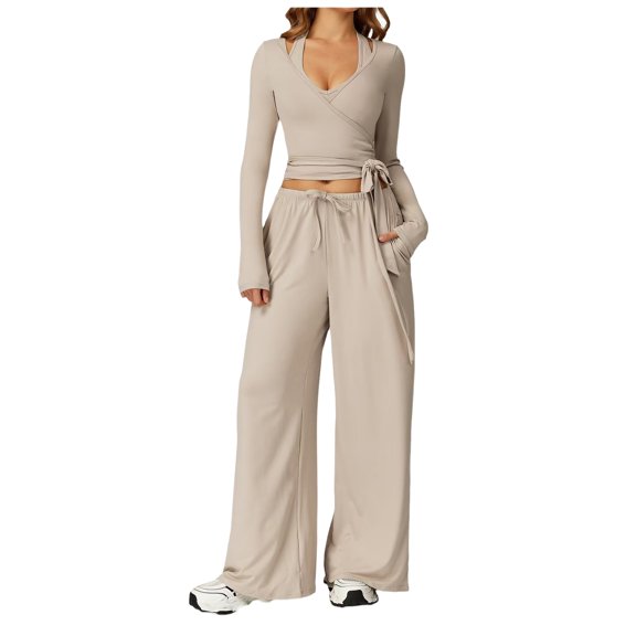 choiix Womens 3 Piece Athleisure Set with V Neck Wrap Top and Wide Leg Pants Versatile Lounge Tracksuit Matching Sweat Suit XS