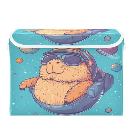 WOBOGO Space Capybara Large Collapsible Storage Box Flip Lid Fabric Decorative Organizer Container Basket with Handles 16.5×12.6×11.8in