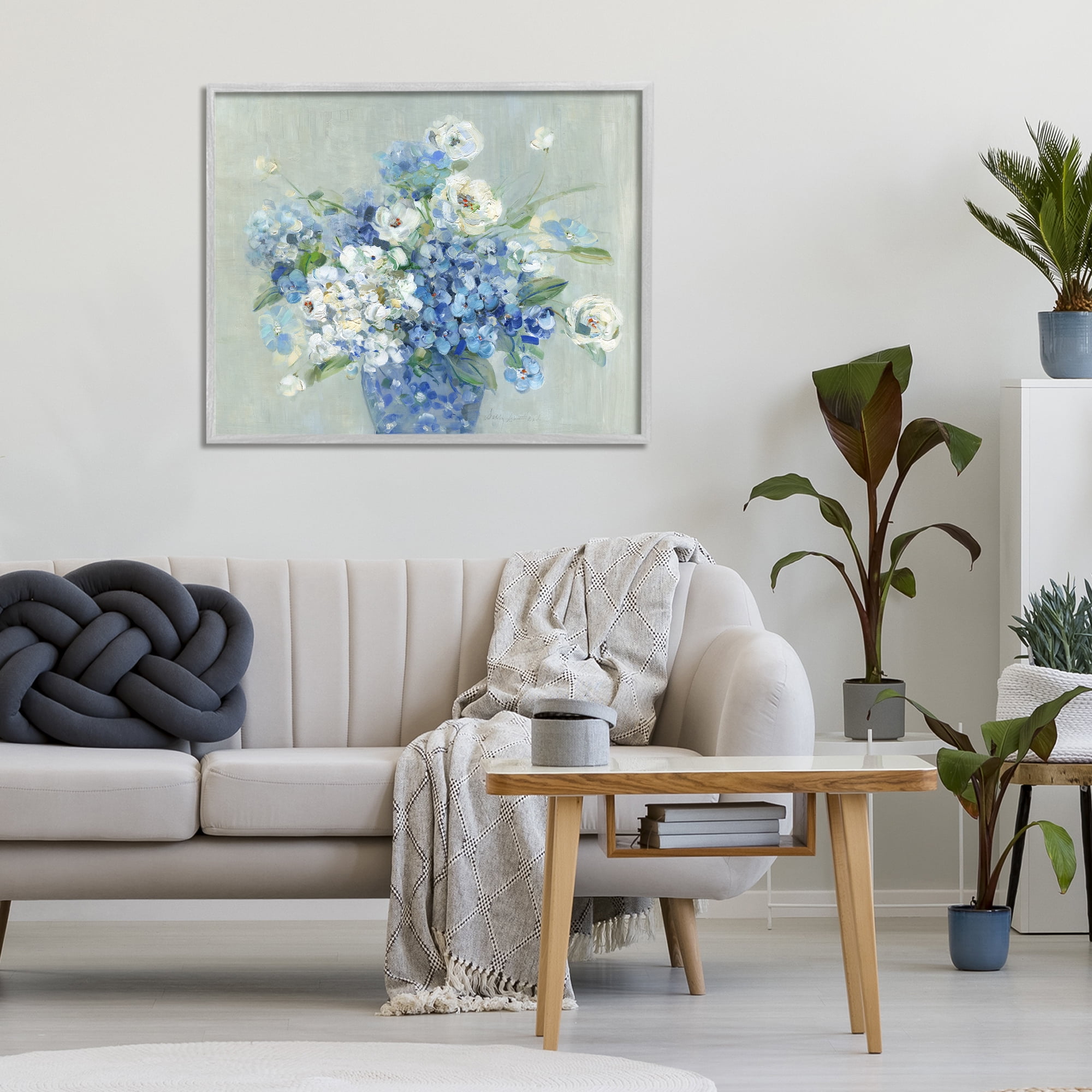 Stupell Industries Serene Blue And White Bouquet Gray Framed Giclee Art, design by Sally Swatland