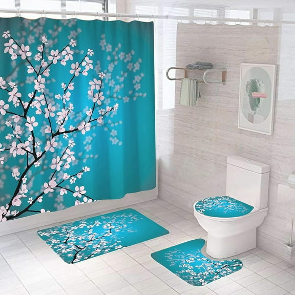 4PCS Inspirational Quotes Shower Curtain Set with Rugs, Toilet Lid Cover and Bath Mat, Shower Curtain with 12 Hooks, Durable Waterproof Bathroom Decor Set