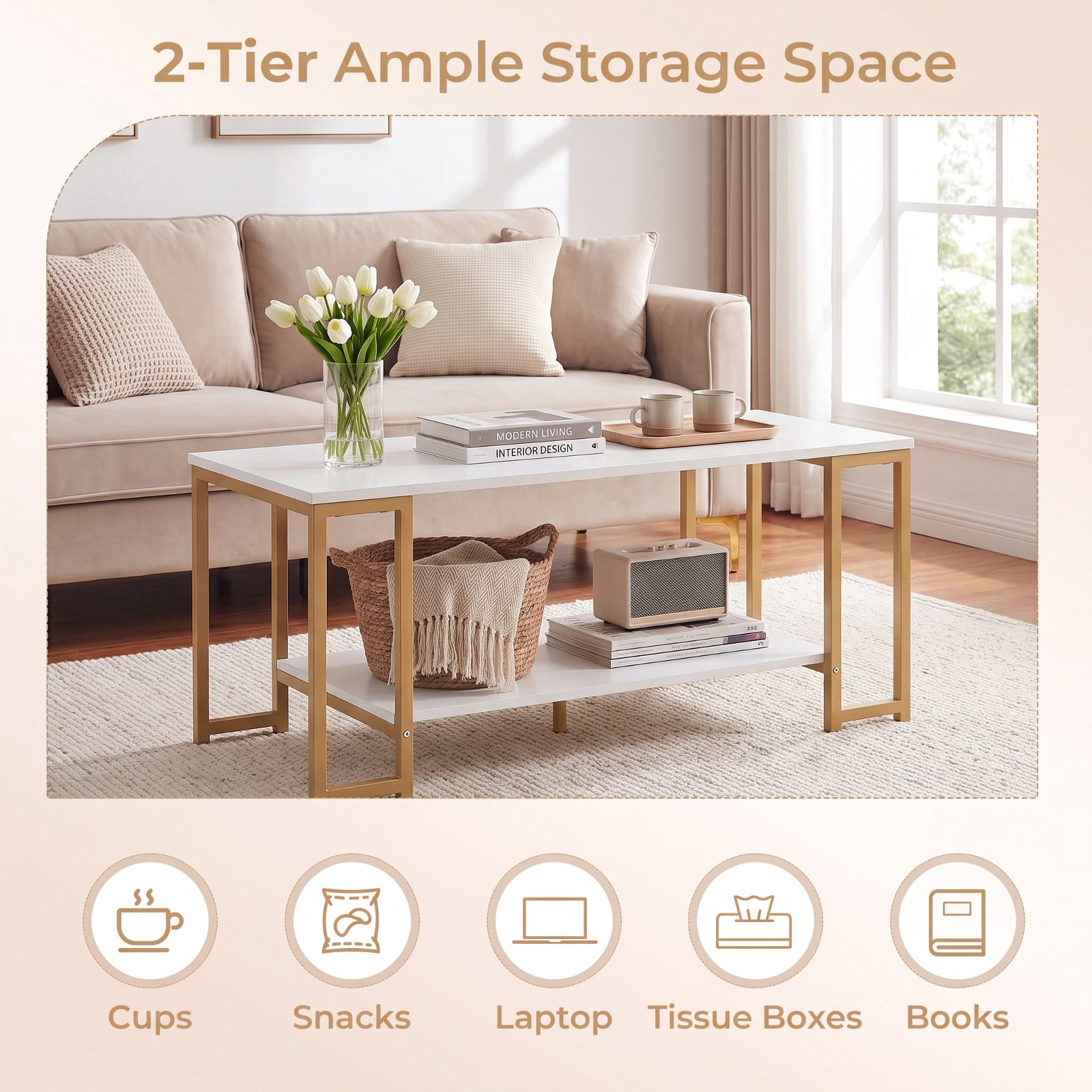 Furnibear Modern 2 Tier Accent Coffee Table with Open Storage Shelf and Metal Frame for Living Room Apartment and Lounge, White