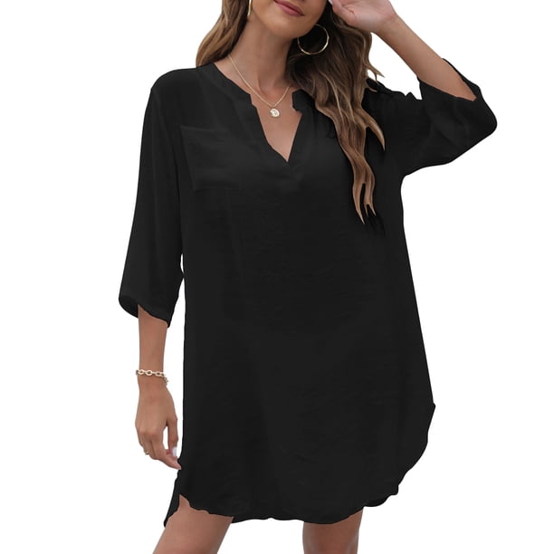 Vestido playero para mujer, blusa con cuello de pico de tres cuartos liso y dobladillo irregula Irfora Vestido