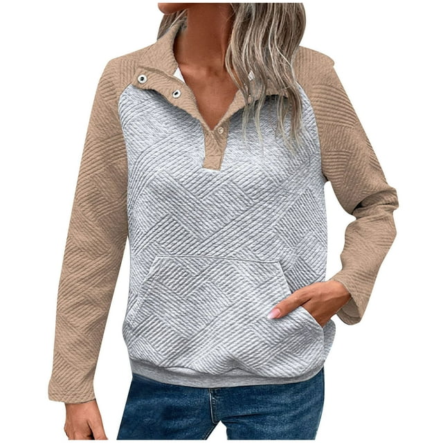 Annhoo Chandails en Molleton d'Automne pour Femmes Manches Longues Amples Demi-Bouton Hauts à Col Rabattu Pull à Blocs de Couleur Tendance