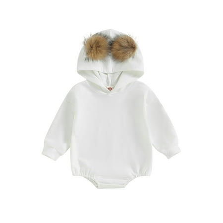 

Qtinghua Baby Girls Spring Autumn Hooded Romper Long Sleeve Plush Ball Decor Casual Playsuit