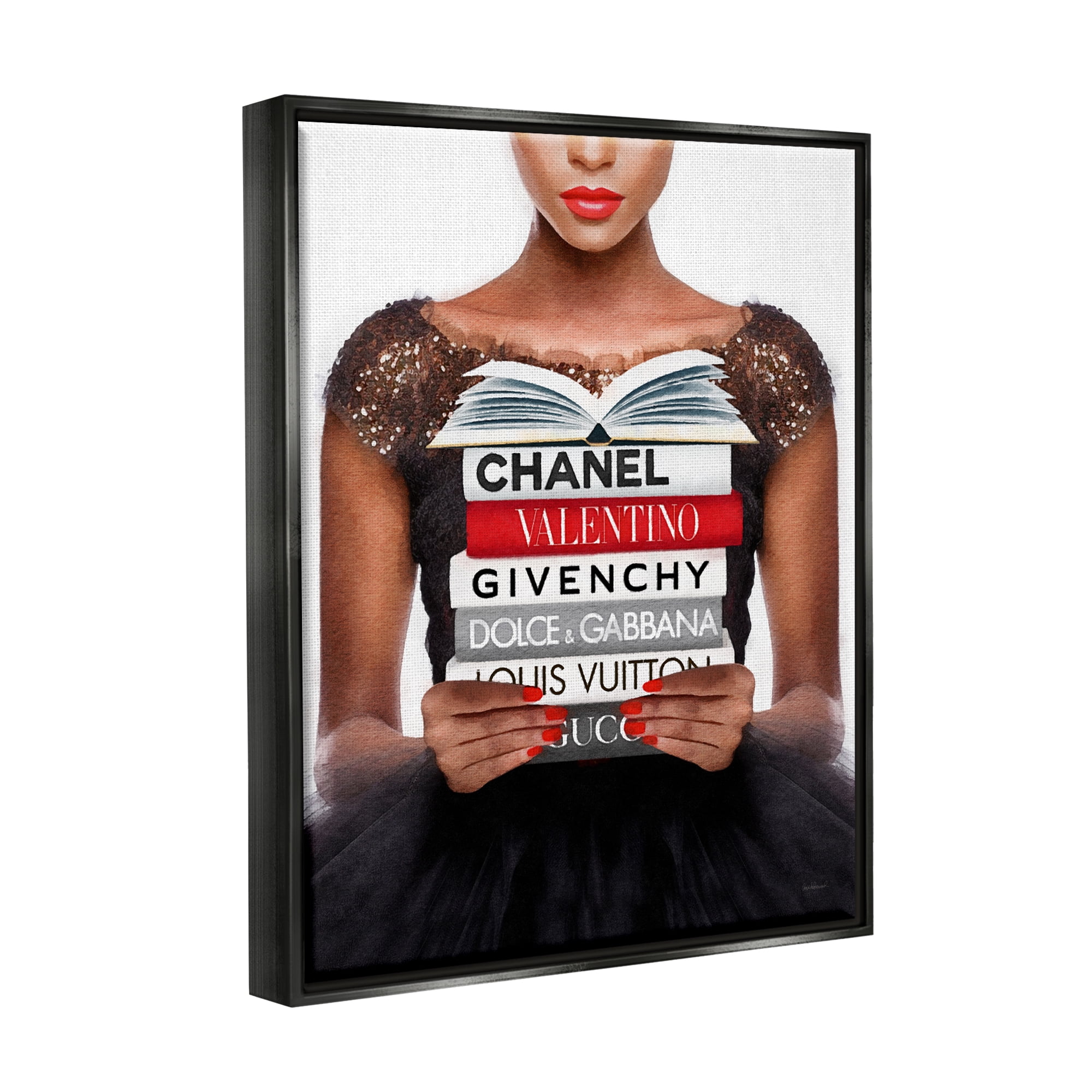 Stupell Industries Glam Girl & Books Beauty & Fashion Painting Black Floater Framed Canvas Art Print Wall Art, 17 x 21
