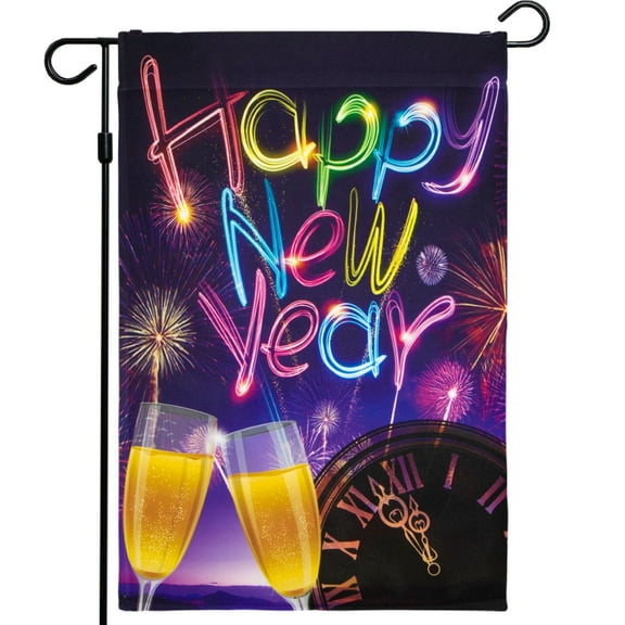 G128 12"x18" Happy New Year Garden Flag, Outdoor New Year Holiday Decor-Fireworks and Champagne