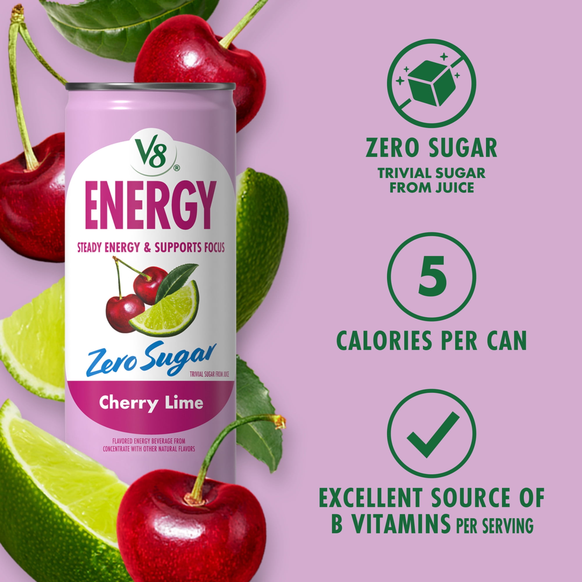 (4 pack) V8 Energy Zero Sugar Cherry Lime Energy Drink 8 fl. oz. Can (6 Pack)
