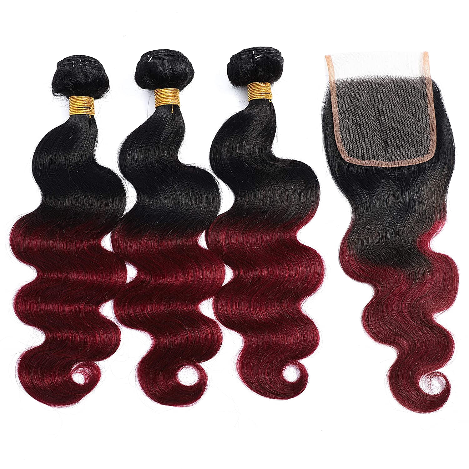 Two Tone Ombre 1B/99J Black to Burgundy Body Wave Hair with Free Part Lace Closure 100% Unprocessed Brazilian Remy Virgin Human Hair Bundles 24"26"28" with Closure 22"