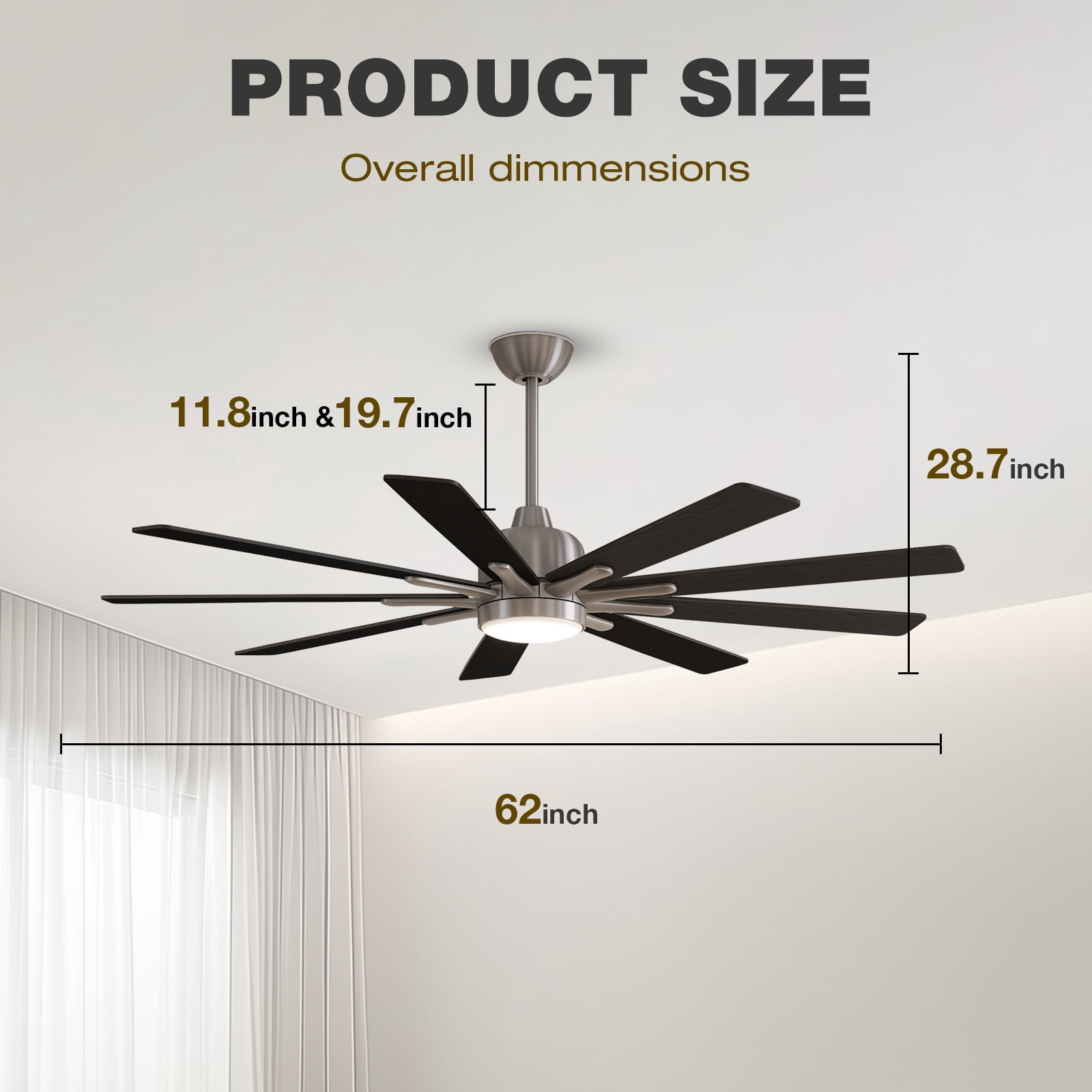 Warmiplanet 62" 9-Blade Satin Nickel Modern Ceiling Fan with LED Light Kit, Powerful DC Motor, High Airflow, 6-Speed, Reversible & Timer