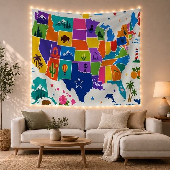 Colorful US Map Against Light Blue-Grey Background, Playful Illustration for Geography Fans, Educational Art Decor, Back to School Gift, Tapestry Wall Hanging for Bedroom and Dorm