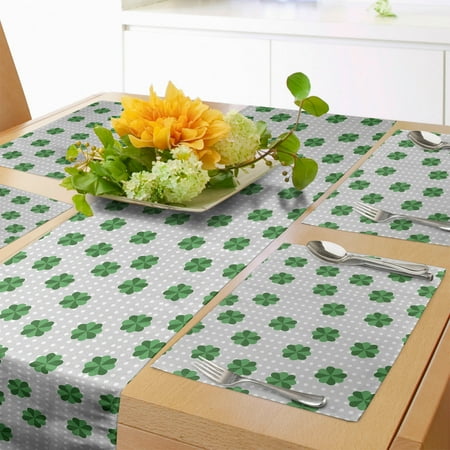 

St. Patrick s Day Table Runner & Placemats Traditional Irish Clover Leaves Pattern on Polka Dots Backdrop Set for Dining Table Placemat 4 pcs + Runner 14 x90 Pale Grey Fern Green by Ambesonne