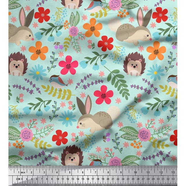 Soimoi Modal Satin Fabric Floral,Rabbit & Porcupine Cartoon Decor Fabric Printed Yard 42 Inch Wide
