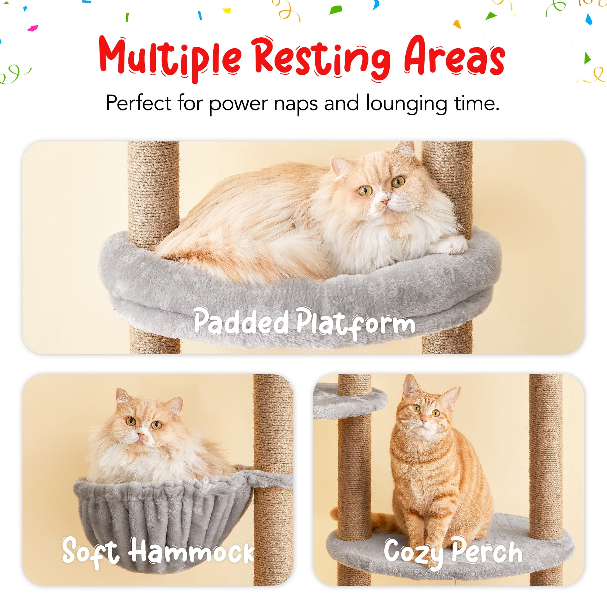 Furcato 92.1"-101.6" Adjustable Height Cat Tree, Floor to Ceiling Cat Tower, 7 Tiers Cat Climbing Tree with Hammock, Fully Sisal Scratching Posts for Indoor Cats, Light Grey