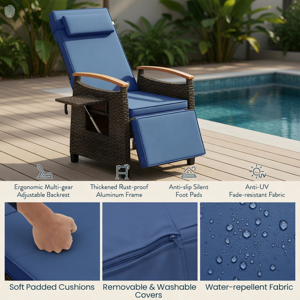 Hommoo Adjustable Wicker Recliner Chair with Footrest & Removable Cushions, PE Rattan Patio Seating for Backyard, Porch & Balcony, Navy