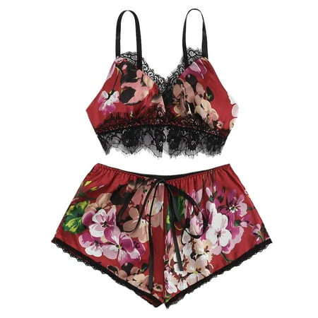 

HHei_K Fashion fascinating Lace Satin Trim Floral Bow Lingerie Set Pajamas Babydoll Sleepwear