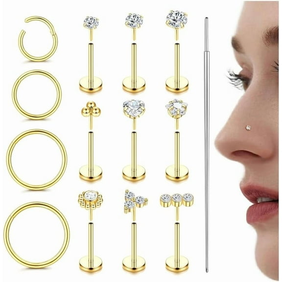 14K Gold Filled Fine Nose Rings - 316L Surgical Steel CZ Threadless Studs for Women & Men - Push-in Flat Back Nose Rings for Nostril, Tragus, Helix Piercing[j219]