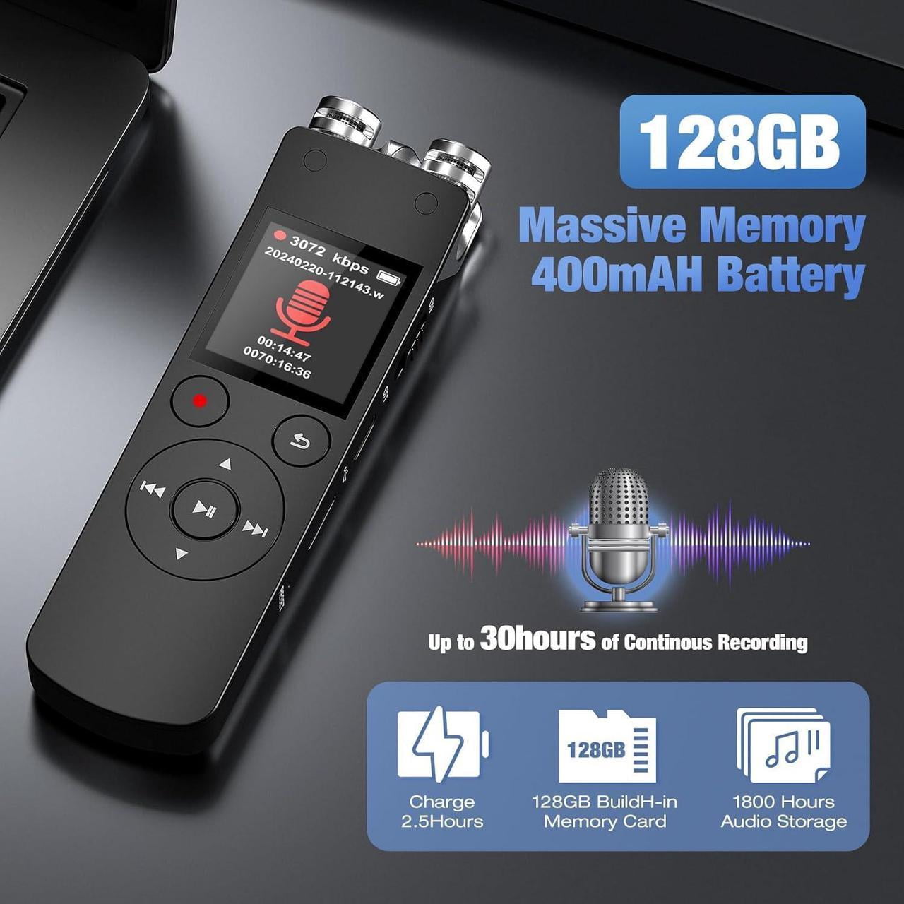 128GB Voice Recorder, Digital Voice Activated Recorder with Playback, 3072kbps Audio Recorder Dictaphone for Meetings Interviews, HD Recording, Variable Speed, A-B Repeat, Large Screen