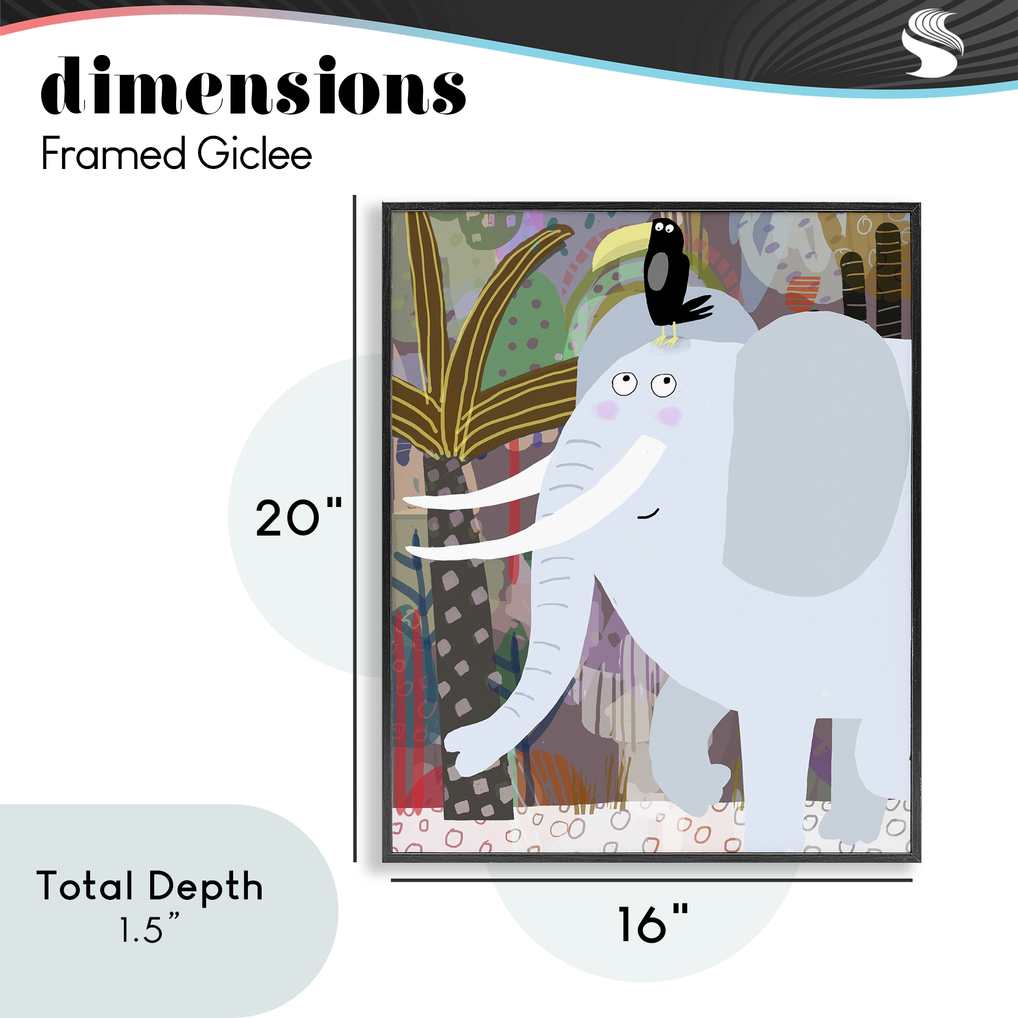 Elephant & Toucan in Jungle Black Framed Giclee Art, design by Carla Daly