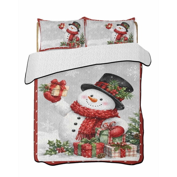 Quilts Queen Size Bedding Set, Gray Christmas Reversible Summer Quilt 3 Pieces, Xmas Snowman Snowflake Pine Tree Gifts Berry Red Lightweight Bedspreads Coverlets with 2 Pillow Shams for All Seasons