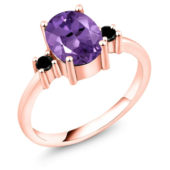 Gem Stone King 1.73 Ct Oval Purple Amethyst Black Diamond 18K Rose Gold Plated Silver Ring (Size 7)