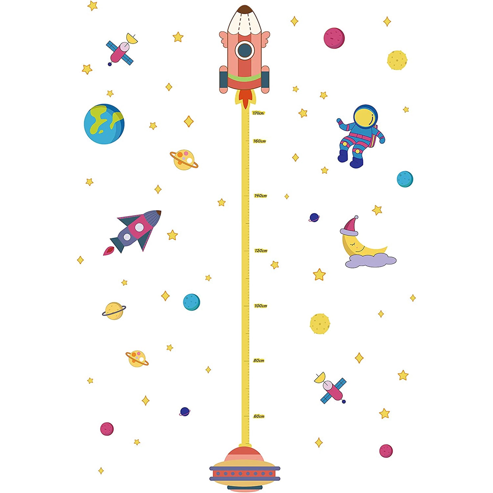 2 Sheets/Set Cartoon Height Growth Chart Wall Sticker Rocket Space Astronaut Removable DIY Height Measure Wall Decal for Cartoon Bedroom Nursery Livingroom Wall Decor 35"x11"