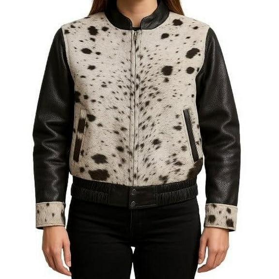 Cowhide Black White Hair on Hide Leather bomber Jacket, Black Sleeves with White Spotted Pattern, Elastic Waist (US, Alpha, X-Large, Regular, Regular, Black and White)