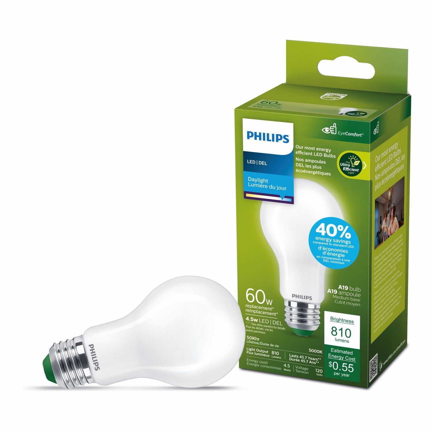Philips Ultra Efficient LED Bulb 60W A19 1PK Day light Frosted Non-Dimmable Medium Base, Ultra Efficient LED 60W A19