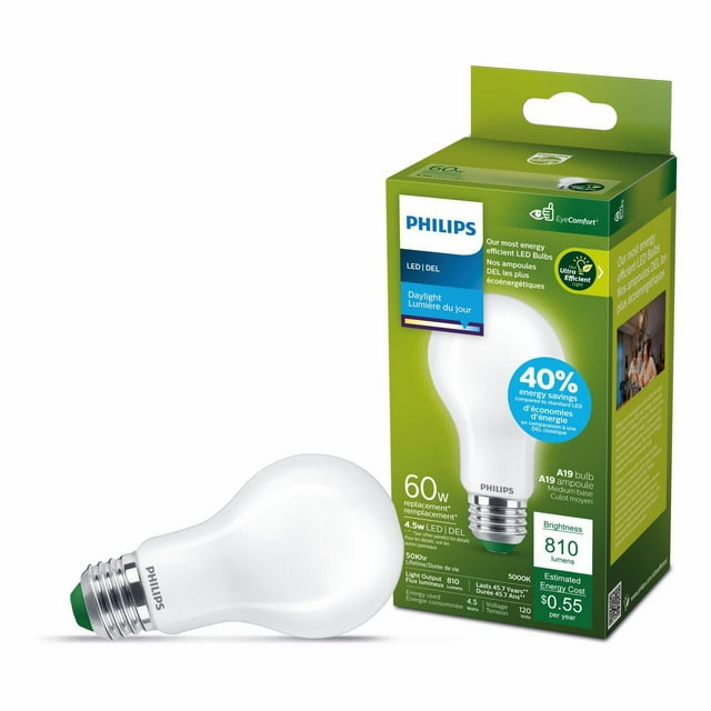Philips Ultra Efficient LED Bulb 60W A19 1PK Day light Frosted Non-Dimmable Medium Base