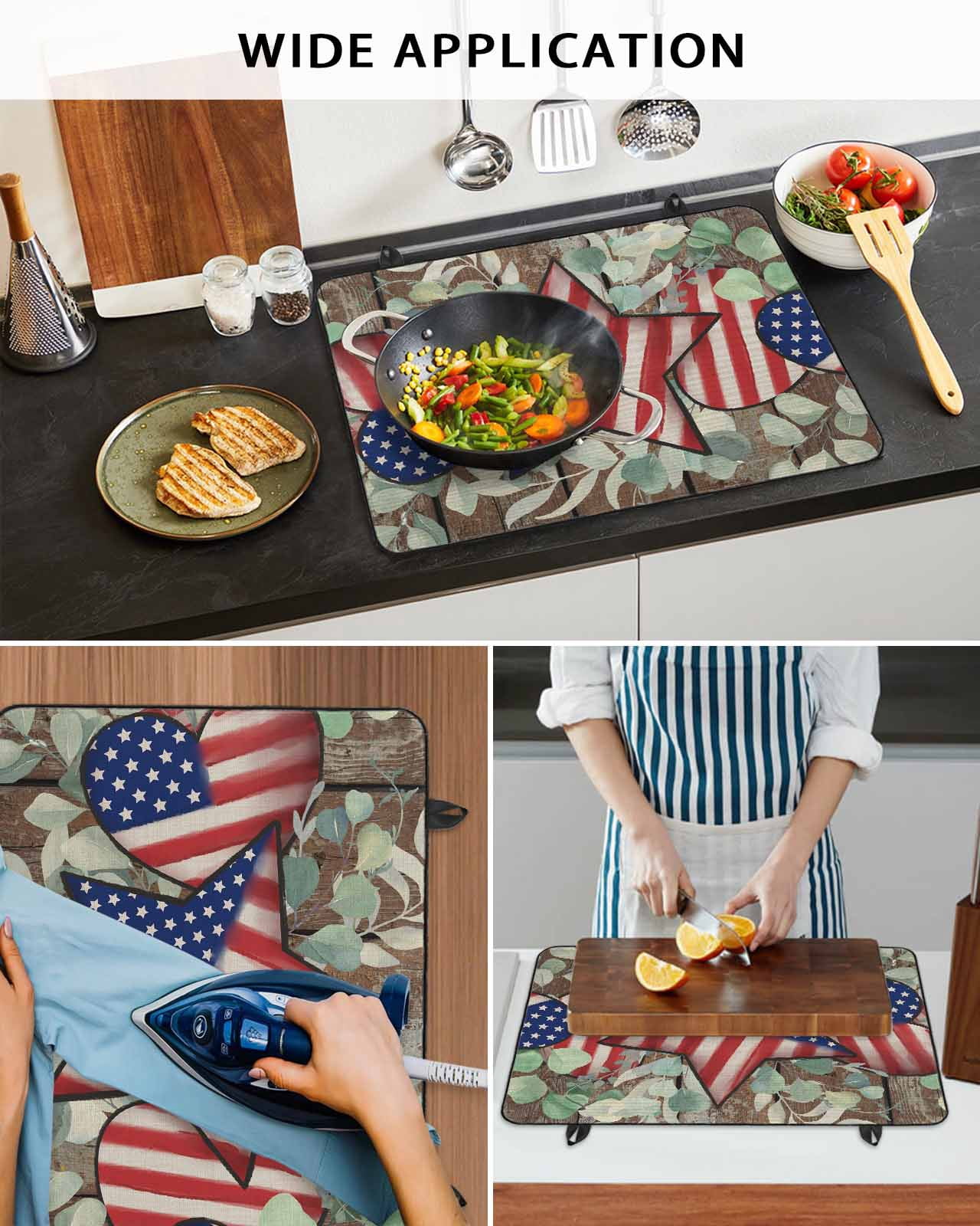 nqOlkjepod Large Induction Cooktop Protector Mat 24"x21", 4th of July Stove Top Covers for Electric Stove, Vintage Eucalyptus Leaf Stars Stripes Flag Stove Burner Cover Mats, Glass Top Stove Cover