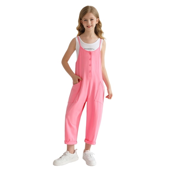 Girls Boys Overalls Kids Casual Sleeveless Jumpsuit One Piece Rompers with Pockets 5-14 Years