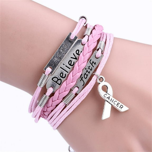 Multi-layer Leather Rope Handmade Pink Ribbon Breast Cancer Awareness Bracelet