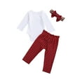 thumbnail image 2 of Kiapeise Toddler Long-Sleeves Rompers Top+Red Grid Leopard Print Causal Pants+Headband, 2 of 8