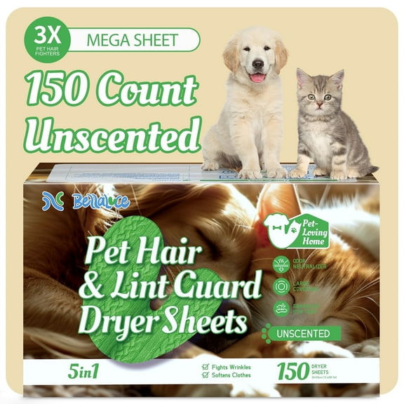 Bellaluce Pet Hair and Lint Guard Mega Dryer Sheets, Unscented, 150 Count