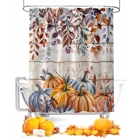 Fall Watercolor Shower Curtain Set ,Waterproof Fabric Shower Curtains Pumpkin Eucalyptus Leaves Thanksgiving Wooden Shower Curtains for Bathroom,Bathroom Decor 72"x72"