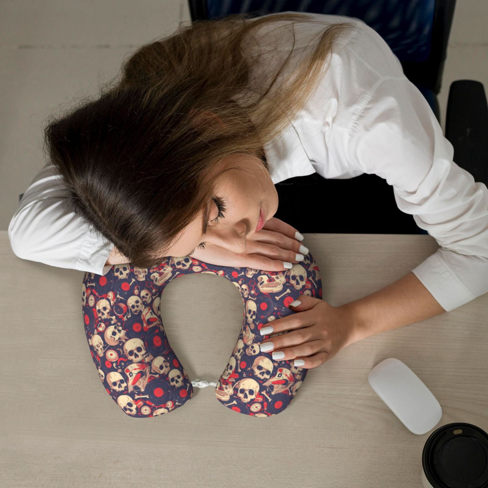 Xecao Skull rock music record Print Memory Foam Cervical Neck Pillow Versatile U-Shaped Pillows for Home,Office,Camping,Travelling,Soft Washable Cover