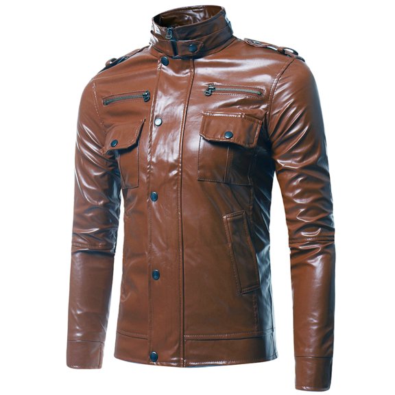 Men Leather Jackets Men's Solid Color Design Button Pocket Long Sleeved Hooded Casual Jacket Brown L