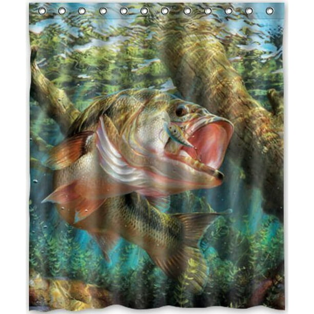 GreenDecor Bass Fish Jumping Hook Waterproof Shower Curtain Set with Hooks Bathroom Accessories