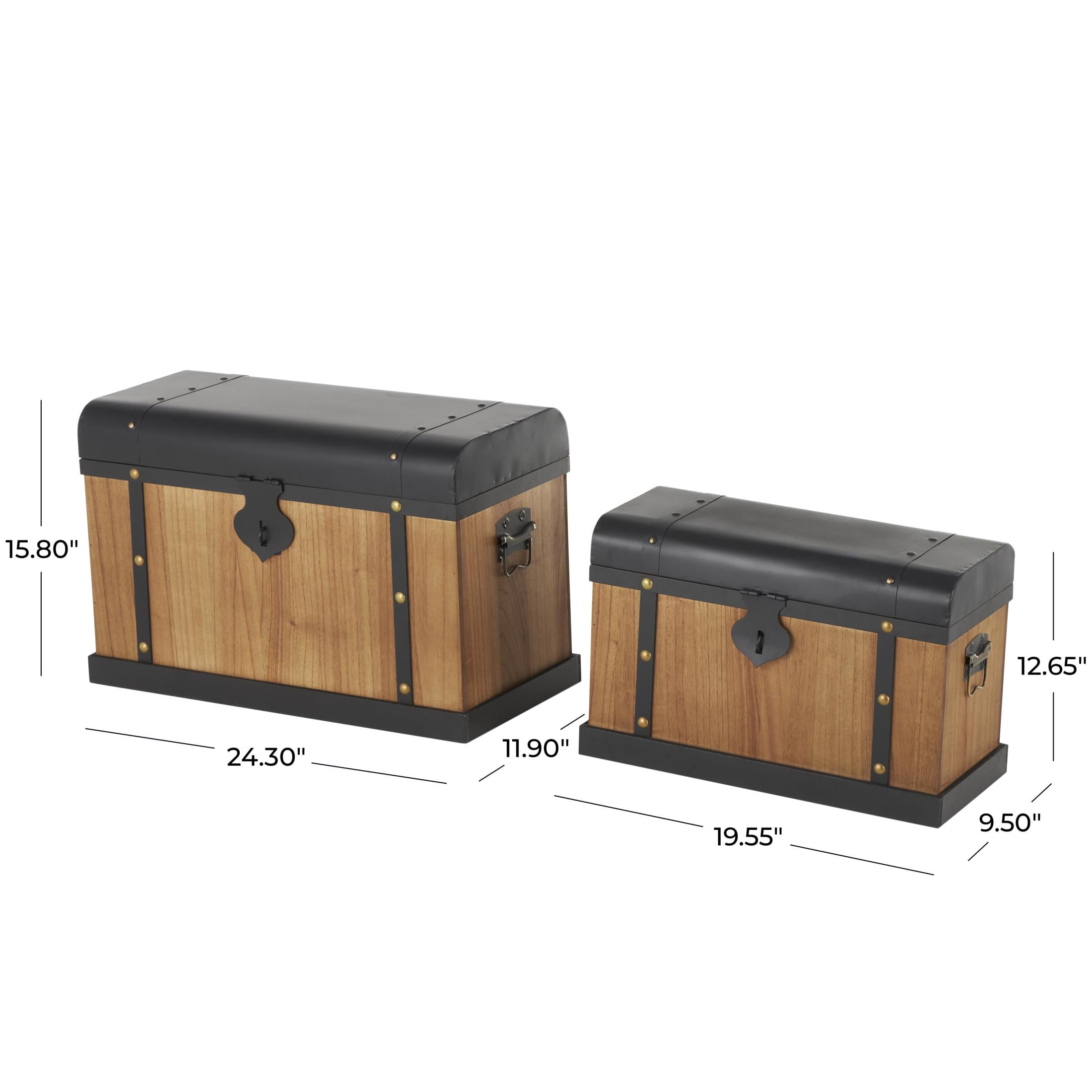 DecMode 24" x 16" Brown Wooden Storage Trunk with Black Metal Tops and Gold Studs, 2-Pieces