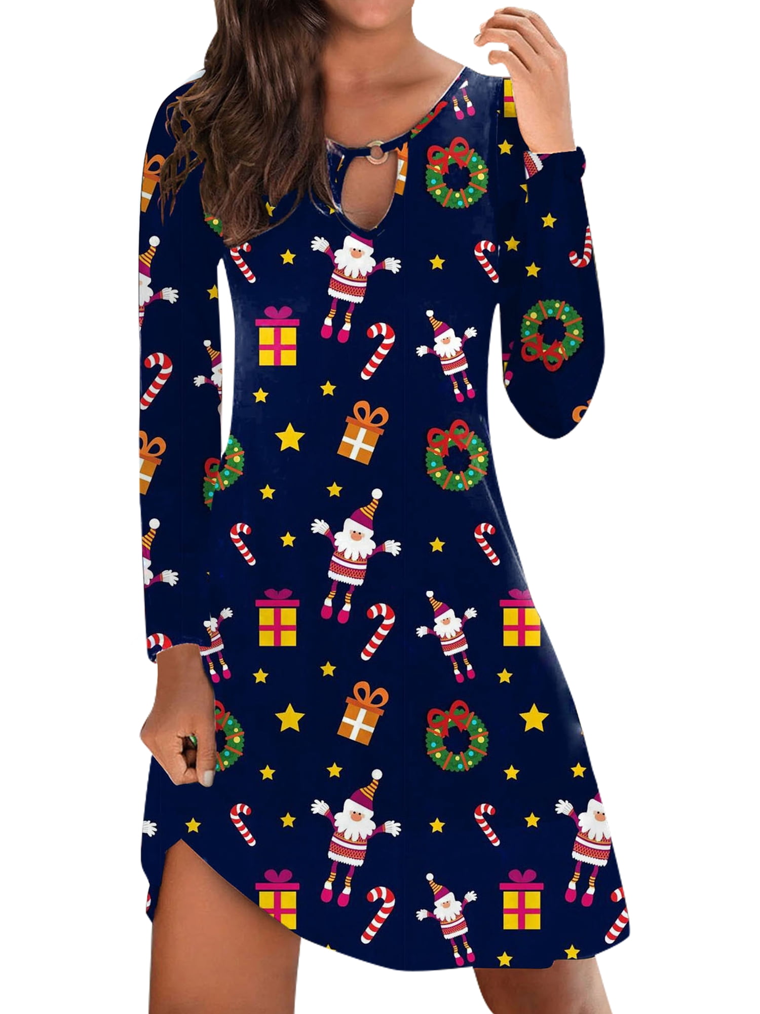 Capreze Womens Long Sleeve Dress Christmas Loose Crew Neck Dress Holiday  Xmas Hollow Out Mini Dresses Navy Blue M - Walmart.com
