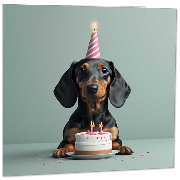 Tarjeta de felicitación de cumpleaños de un divertido perro salchicha con forma de zorro morado, 14,
