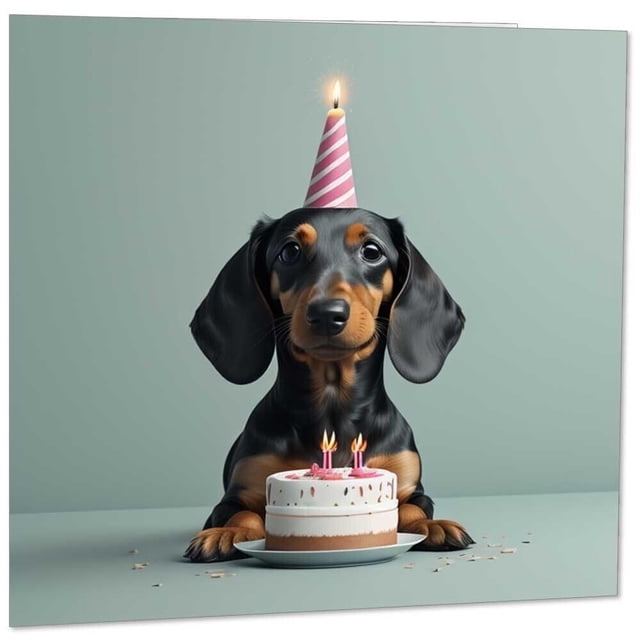 Tarjeta de felicitación de cumpleaños de un divertido perro salchicha con forma de zorro morado, 14,