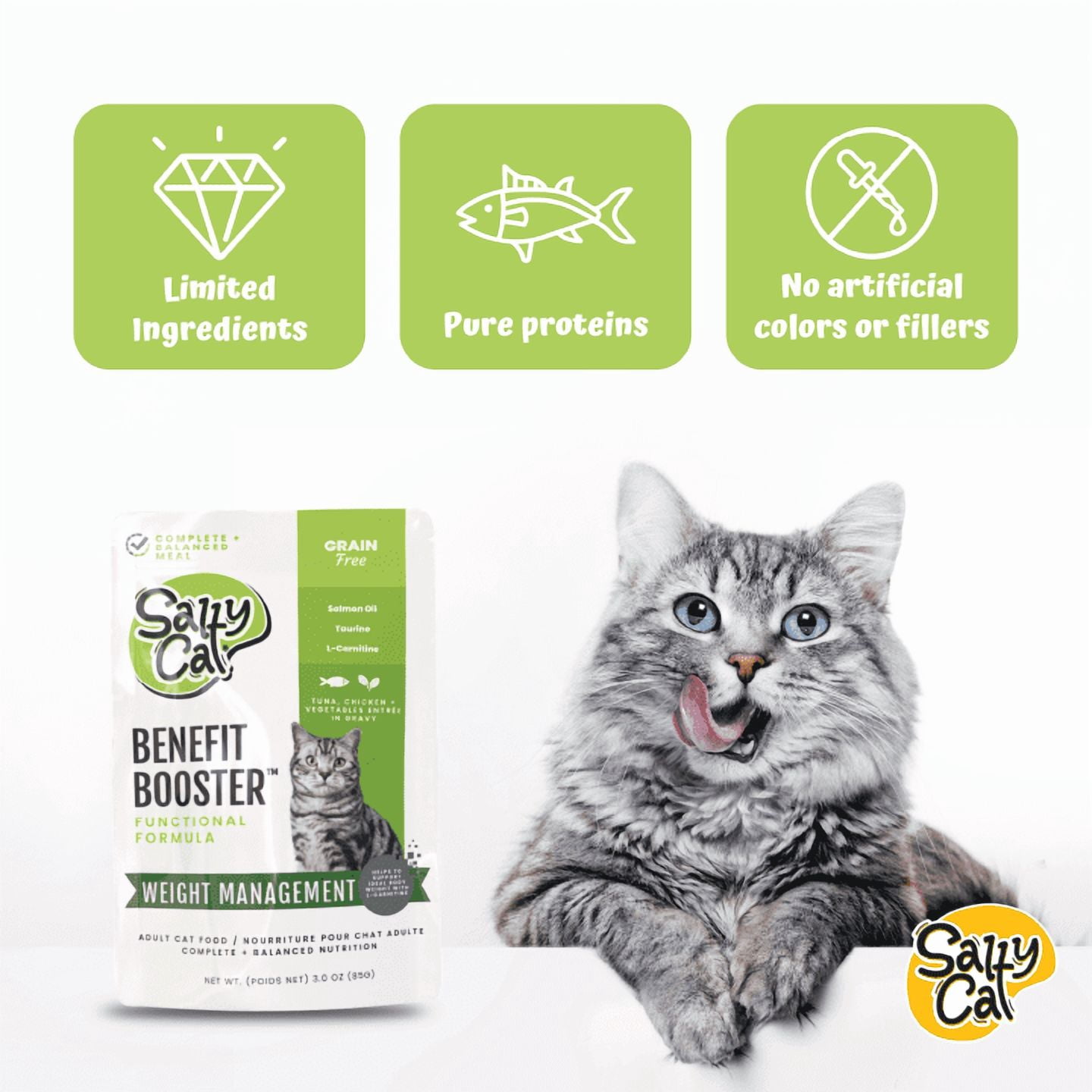 (6 pack) Salty Cat Benefit Booster Weight Management Tuna & Chicken Flavor in Gravy Wet Cat Food, 3 oz Pouch